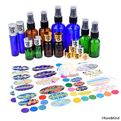 Multi-Size Essential Oil Bottle Kit: 12x Essential Oil Bottles (6 Different Models), 6x Fine Mist Sprayer, 10x Orifice Reducer Cap, 2x Rolling Cap, 1x Bottle Tool, 78x Label, 2x Mini Dropper + Funnel