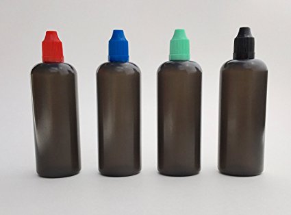 U-Need-A-Bottle (4) Color Variety Pack Plastic Bottles (Red Blue Green Black) - 120 ml (4 oz) - BPA FREE - LDPE PE - EASY SQUEEZE Liquid Dropper Tip - Small Empty ROUND, Best For E Cig & Juice w/ Cap