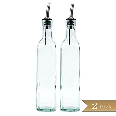 TrueCraftware Set of 2 - 16oz Glass Oil Vinegar Cruet, Olive Oil Dispenser - Square Tall Glass Oil Bottle and Stainless Steel Pourer Spout