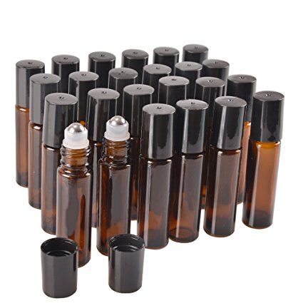 24 Pack,10 ml Amber Glass Roller Bottle Bottles with Removable Stainless Steel Roller Ball.Designed for Essential Oil,Perfume Oils and Mosquito repellent liquid.